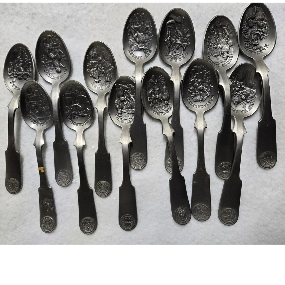 Vintage 1976 Franklin Mint 13 Colonies Pewter Souvenir Spoon Set Bicentennial